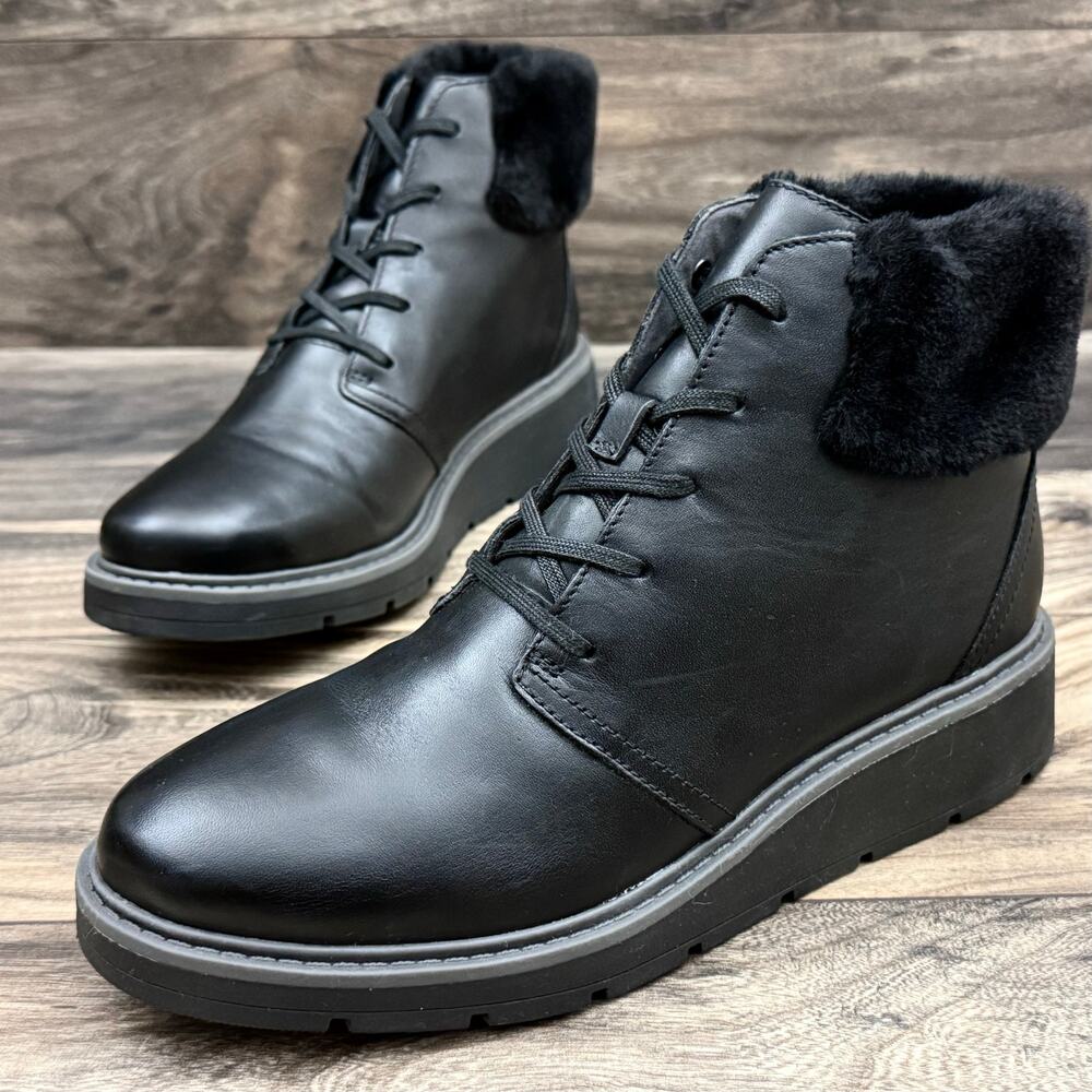 Clarks Leighly Lace 9.5M Black Leather Faux Fur Cuff Comfort Ankle Boots Booties - Picture 5 of 12